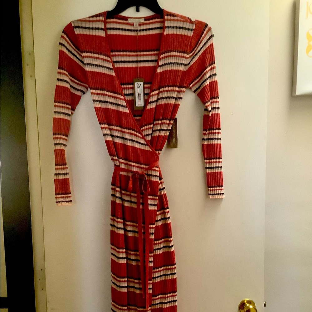 Eva Mendes by NY&C Midi Knit Wrap Dress, Salmon, Grey, Cream strip, sz XS